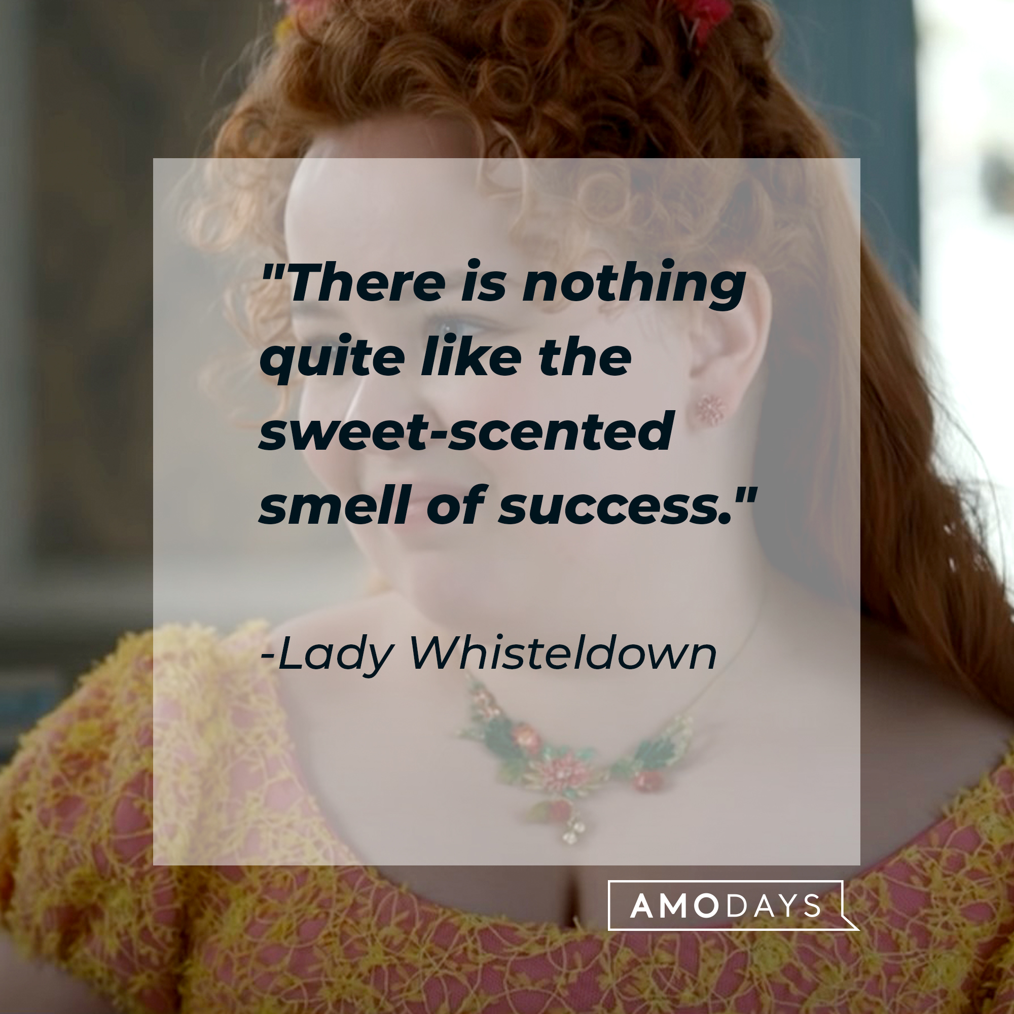 An image of Penelope Featherington with a quote from Lady Whisteldown: "There is nothing quite like the sweet-scented smell of success." │Source: youtube.com/Netflix