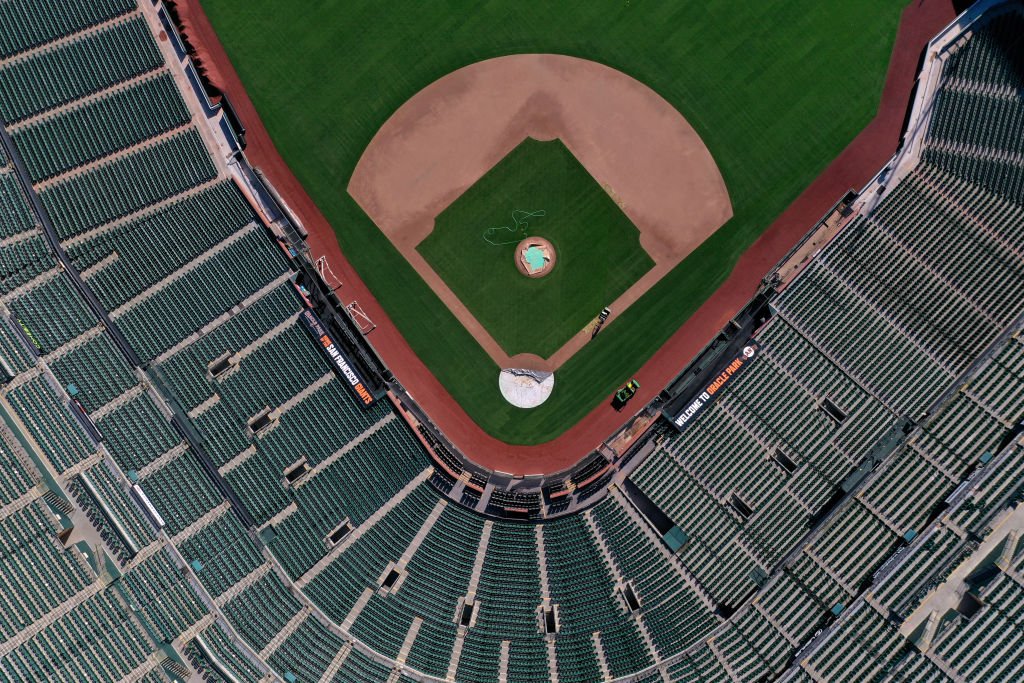 An aerial view from a drone shows Oracle Park, home of the San Francisco Giants, empty on Opening Day March 26, 2020 | Photo: Getty Images