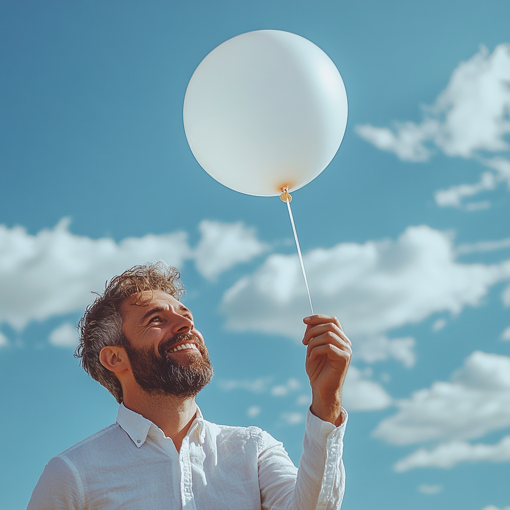 A smiling man about to release a balloon into the sky | Source: Midjourney