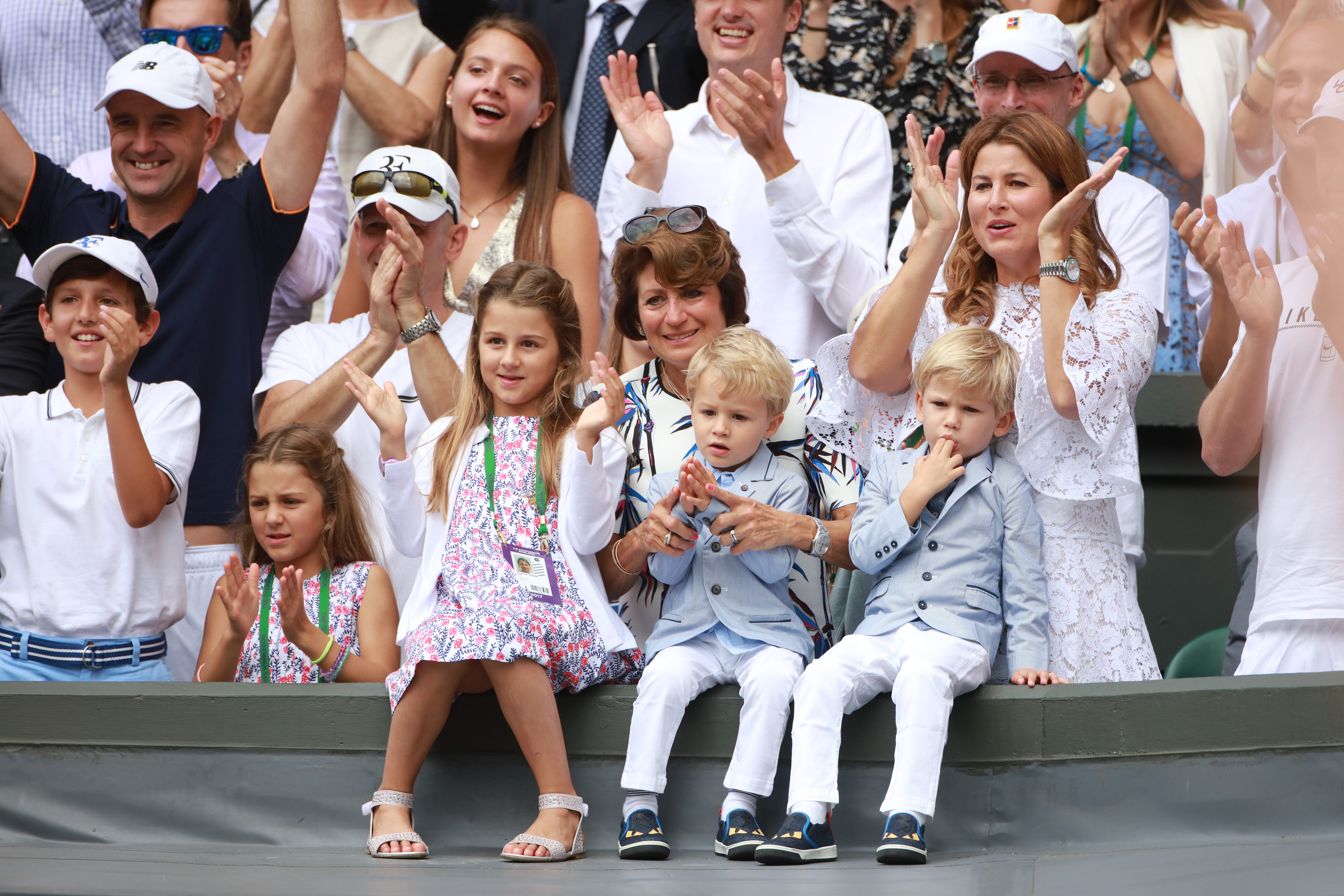 Roger Federer's wife Mirka Federer and their four children, twin daughters Myla and Charlene, twin sons Leo and Lenny, during the Wimbledon Lawn Tennis Championships on July 16, 2017 in London, England. | Source: Getty Images