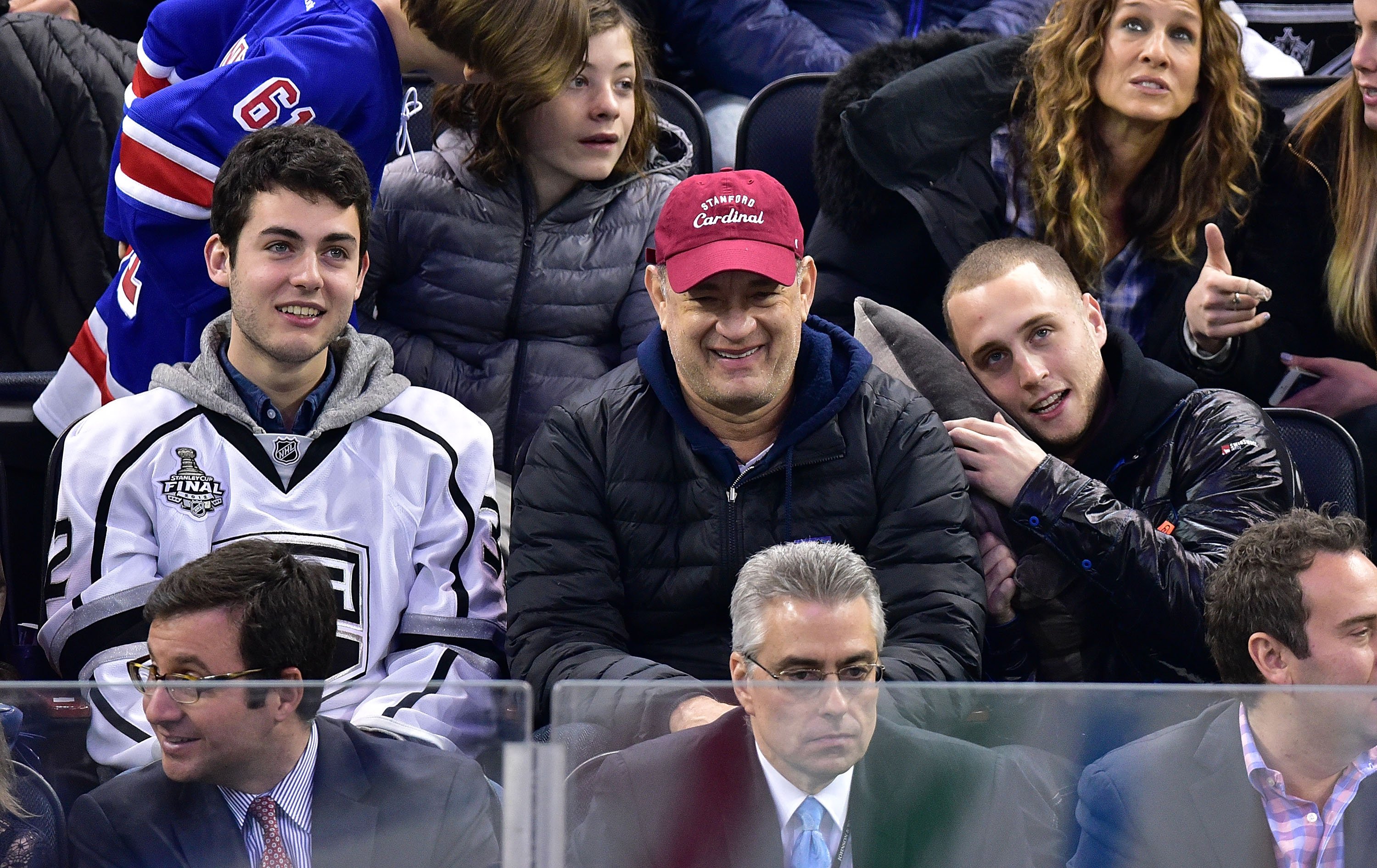 Truman Hanks, Tom Hanks and Chet Hanks attend the Los Angeles Kings vs New York Rangers game at Madison Square Garden on March 24, 2015. | Source: Getty Images