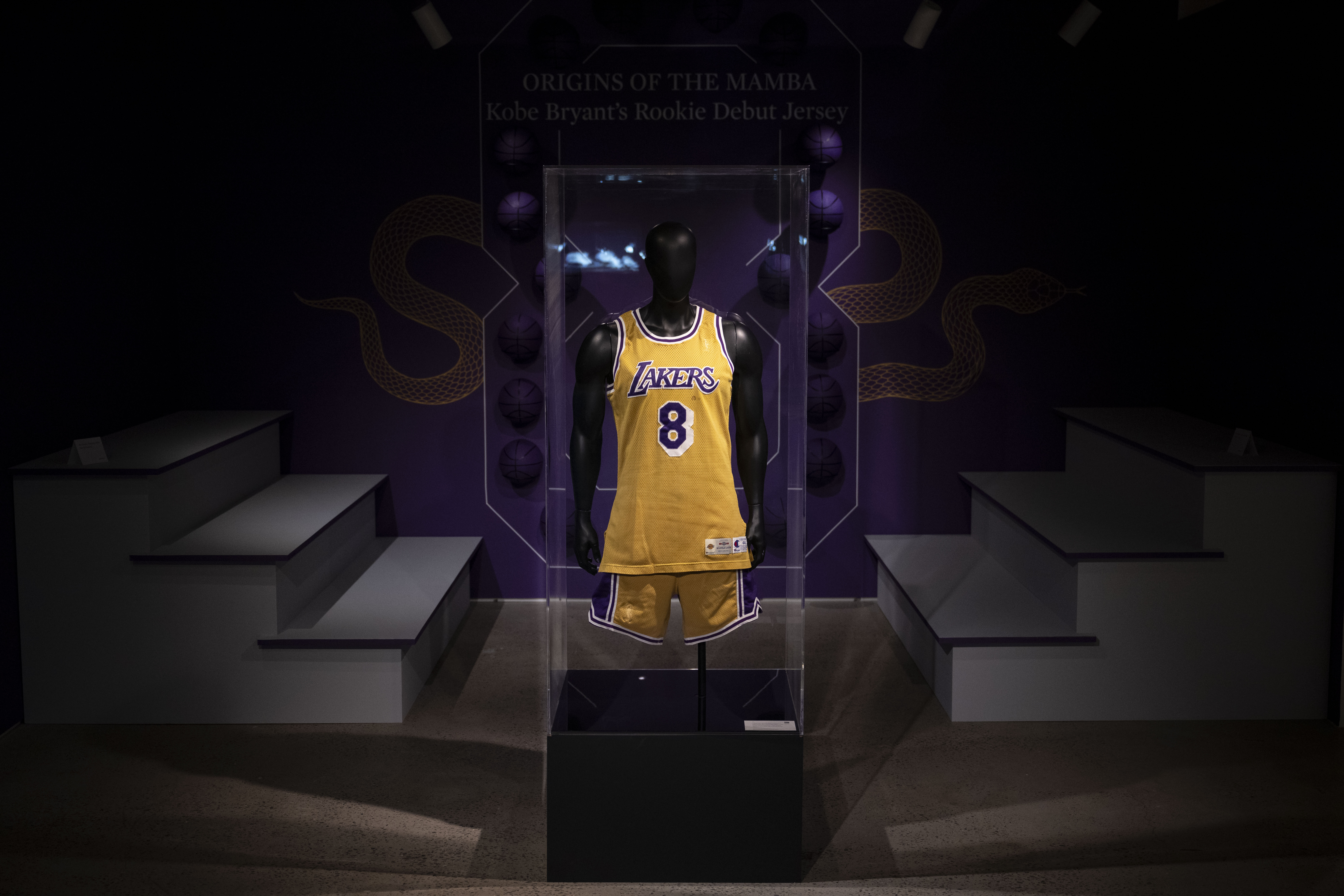The first jersey worn by Kobe Bryant in his NBA career on display at Sotheby's Auction House in New York on March 21, 2025. | Source: Getty Images