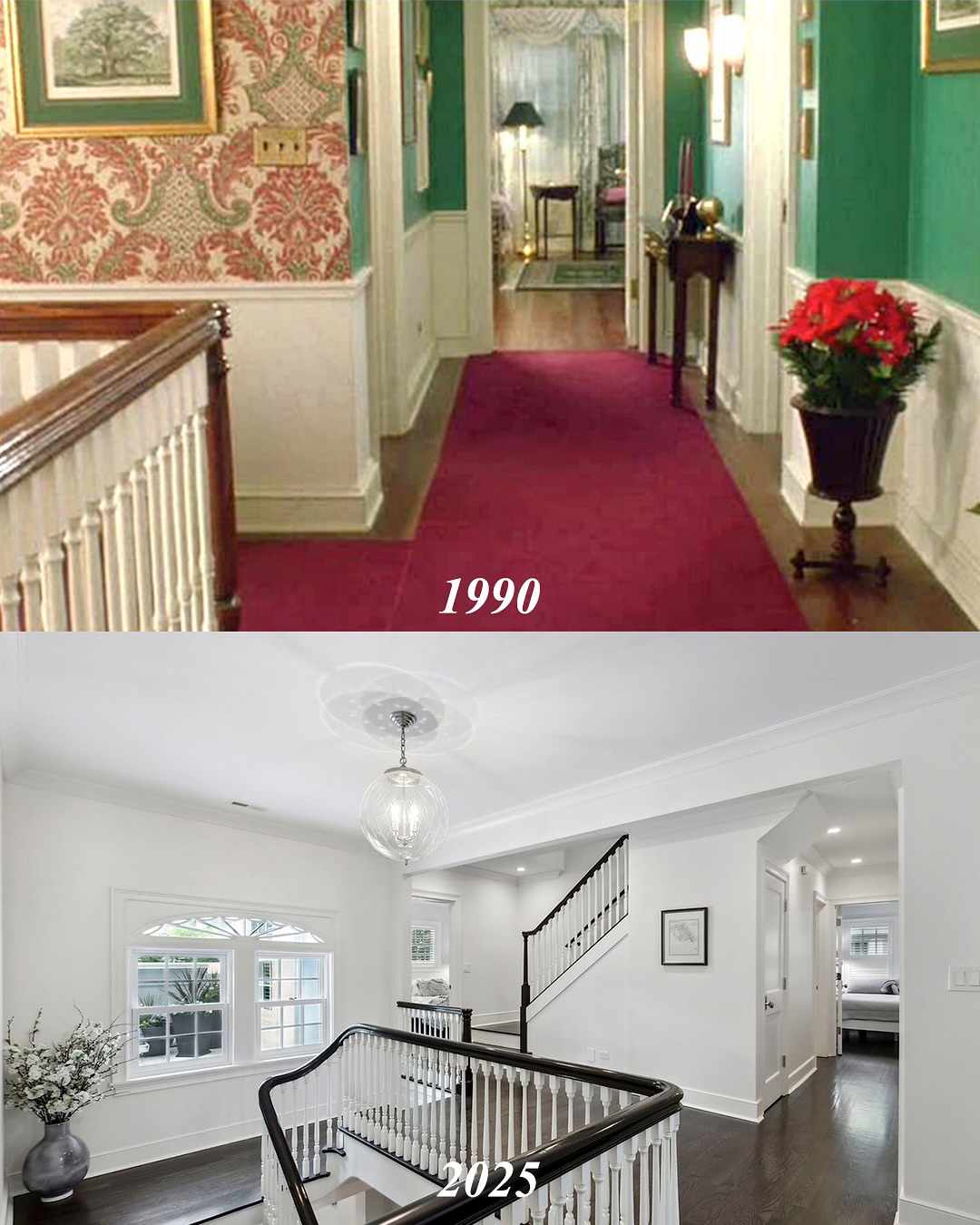 This once-cozy hallway, etched in fans' memories with red carpet runners and bold wallpaper, has been transformed into a bright, modern corridor — clean, open, and strikingly fresh. | Source: Instagram/kjp