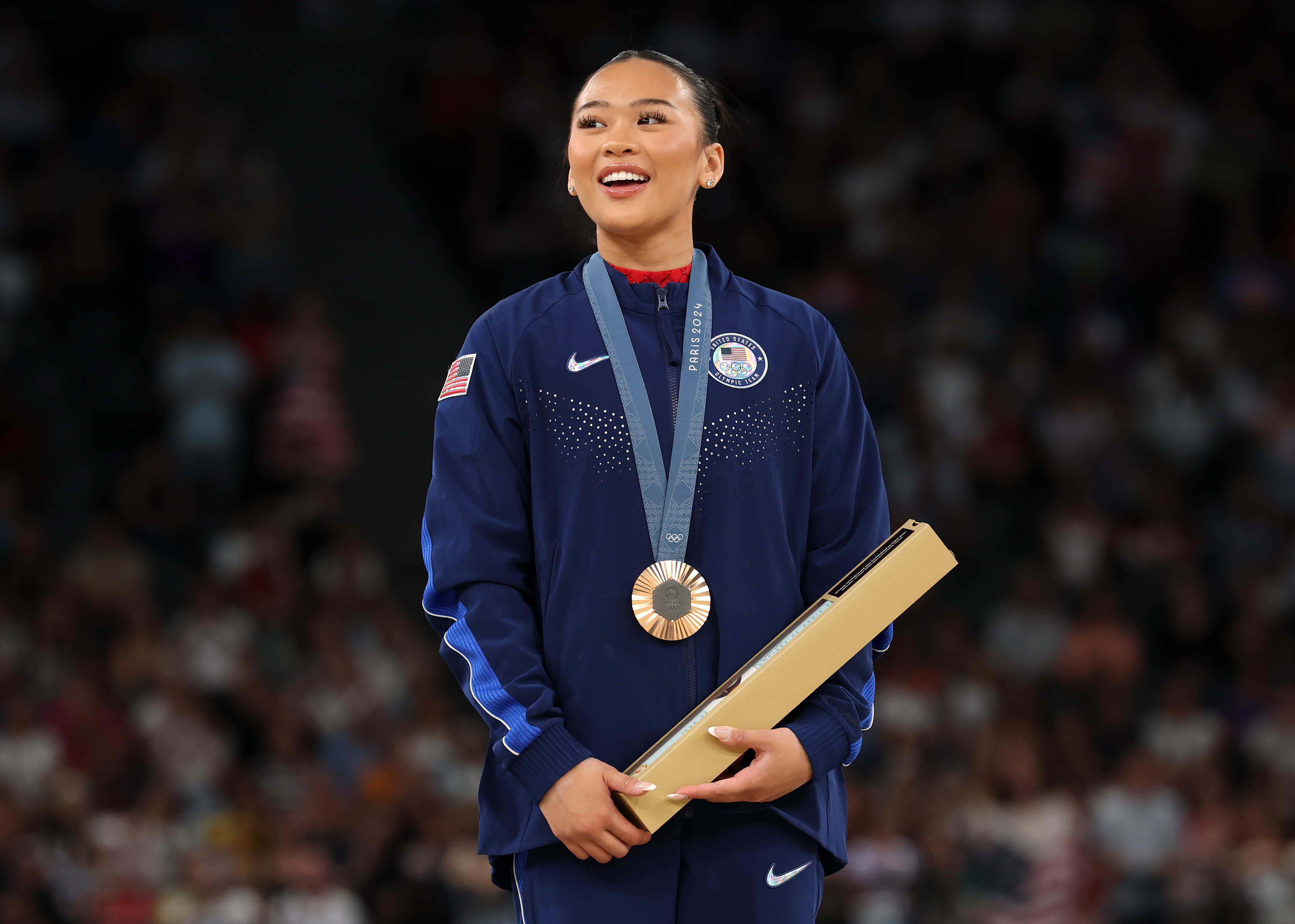 Suni Lee during the medal ceremony for the Artistic Gymnastics Women's Uneven Bars Final on day nine of the Olympic Games Paris 2024 on August 4, in France. | Source: Getty Images