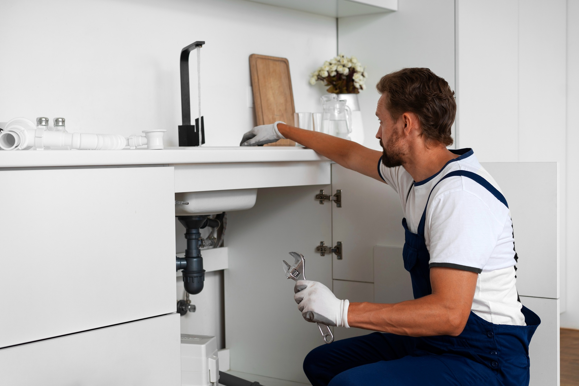 A contractor examining the kitchen sink | Source: Freepik