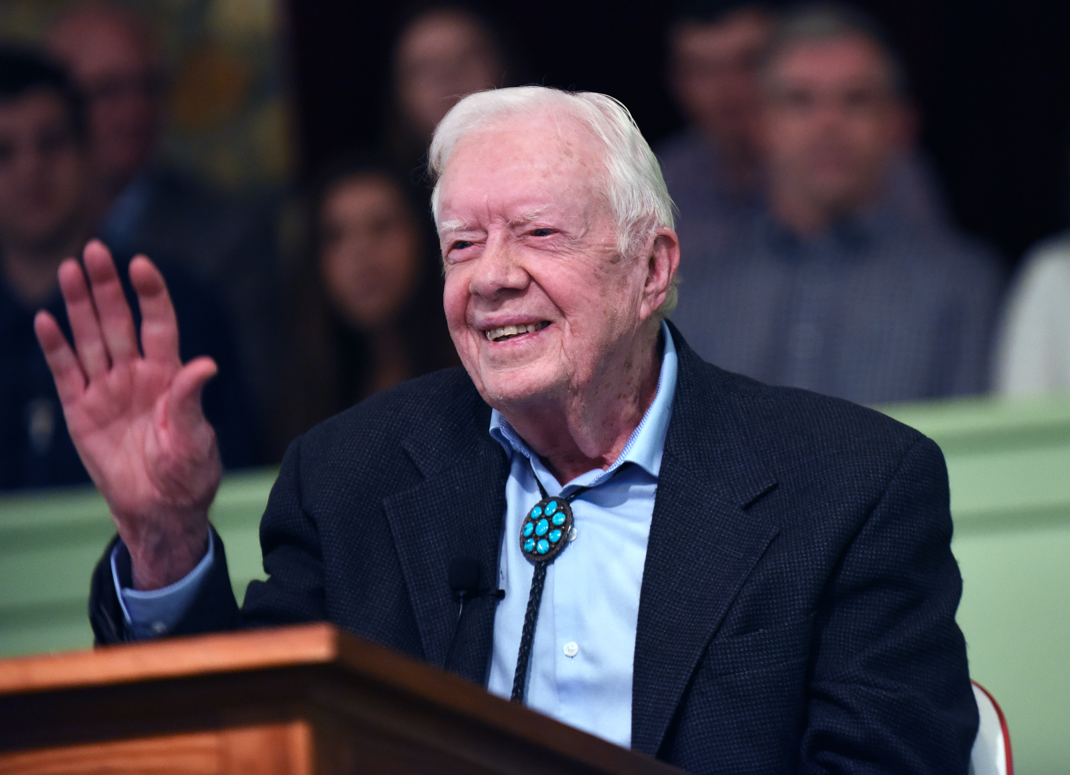 Jimmy Carter waves to the congregation after teaching Sunday school at Maranatha Baptist Church in his hometown of Plains, Georgia on April 28, 2019. | Source: Getty Images
