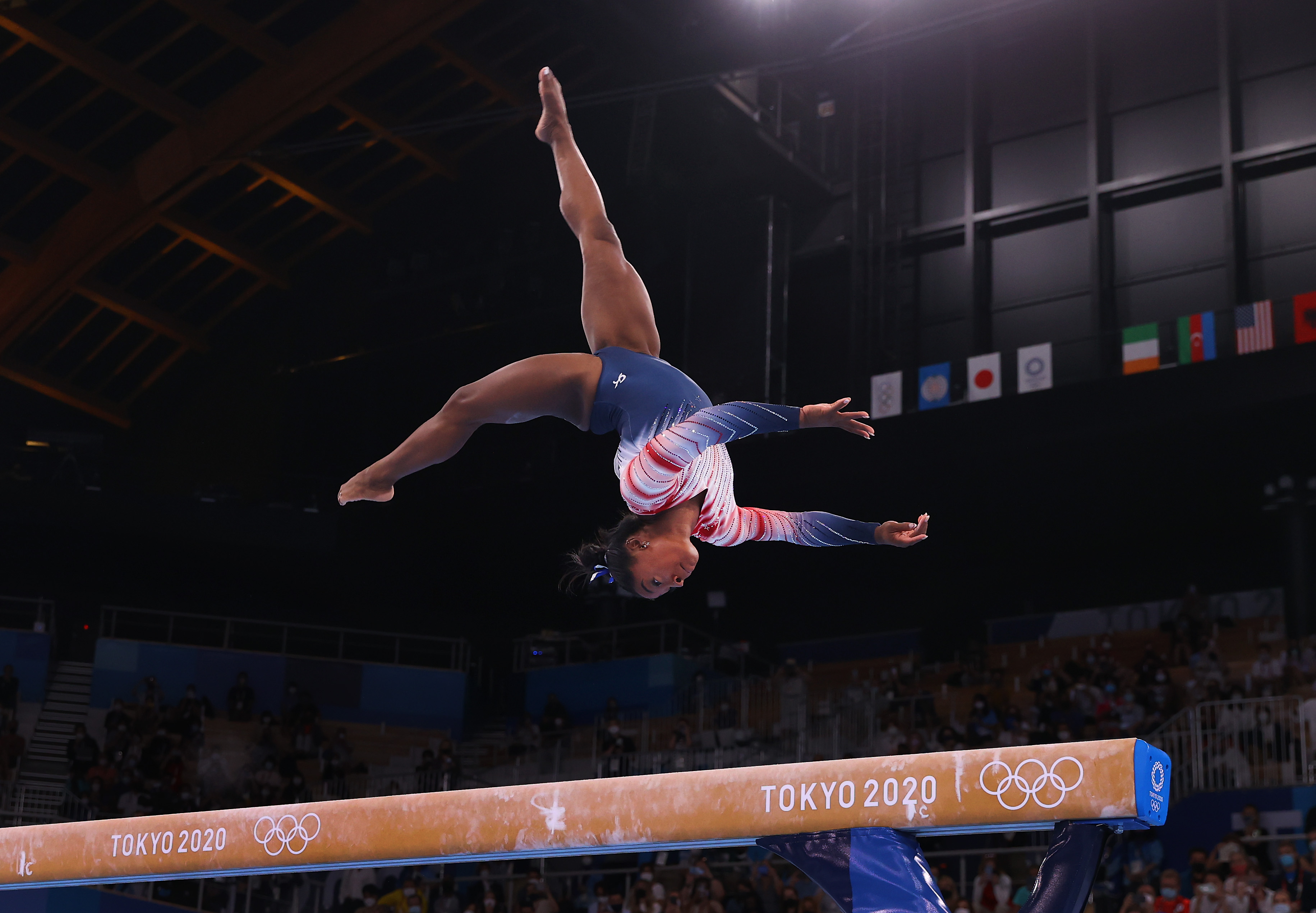 Simone Biles in action during the Women's Balance Beam Final on day eleven of the Tokyo 2020 Olympic Games at Ariake Gymnastics Centre in Tokyo, Japan, on August 3, 2021 | Source: Getty Images