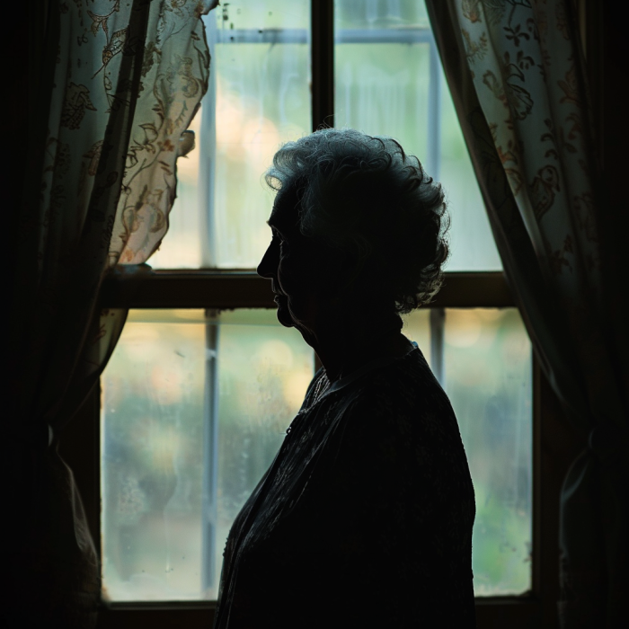 A silhouette of an elderly woman standing near a window | Source: Midjourney