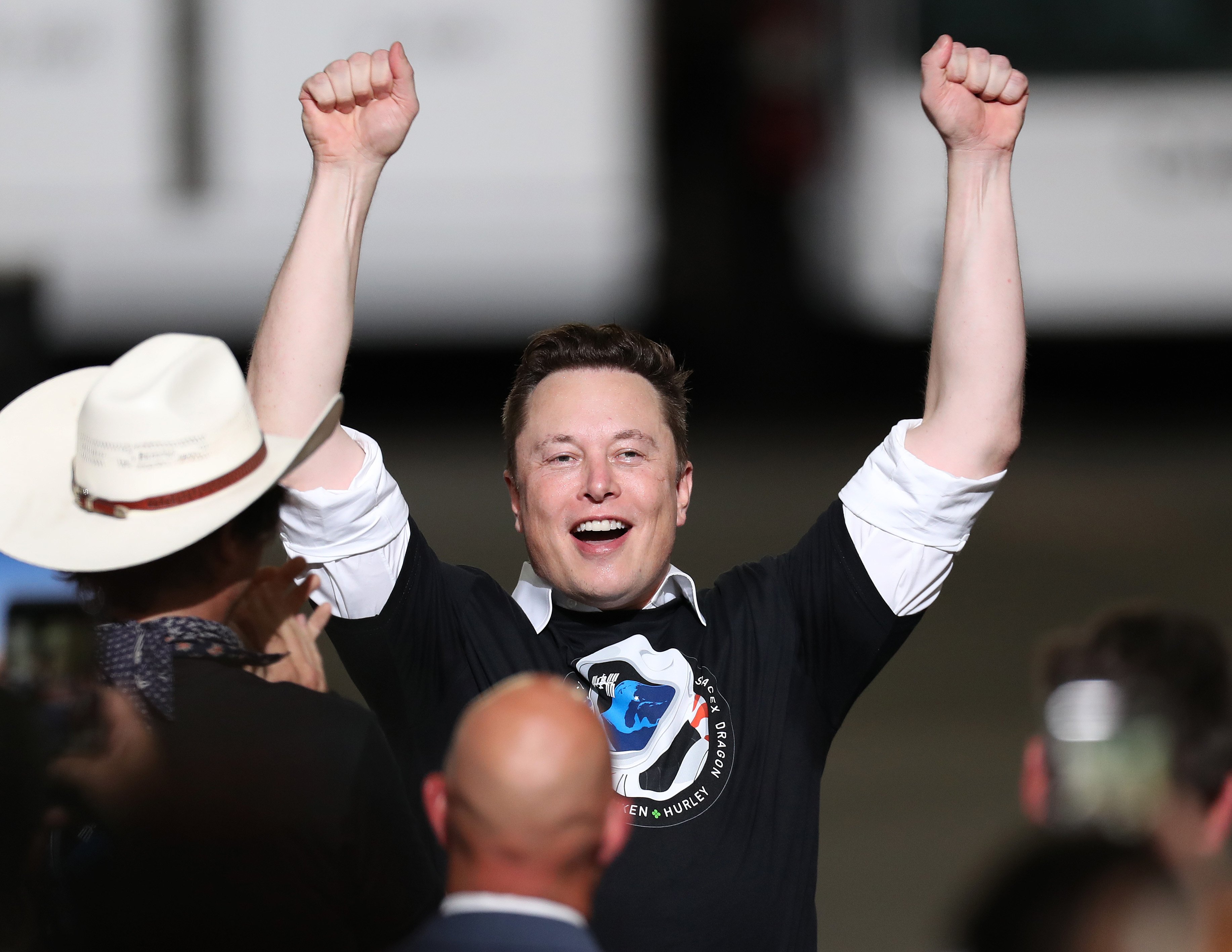 Elon Musk celebrates after the successful launch of the SpaceX Falcon 9 rocket with the manned Crew Dragon spacecraft at the Kennedy Space Center on May 30, 2020, in Cape Canaveral, Florida. | Source: Getty Images