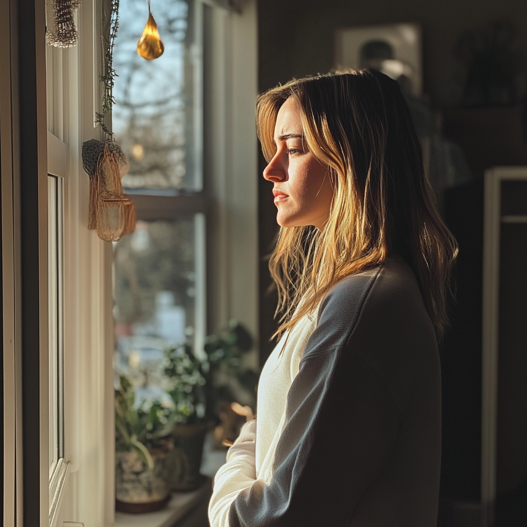 A sad woman standing by the window | Source: Midjourney