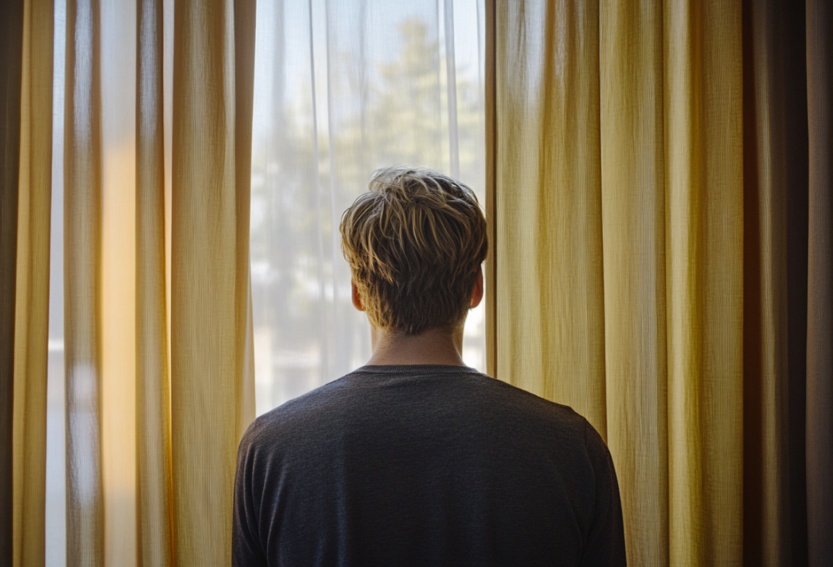 A man peeking through curtains | Source: Midjourney