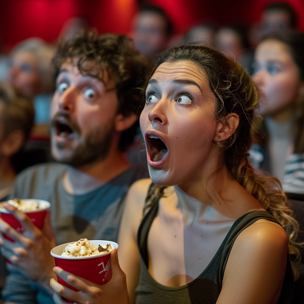 A shocked couple at the movies | Source: Midjourney