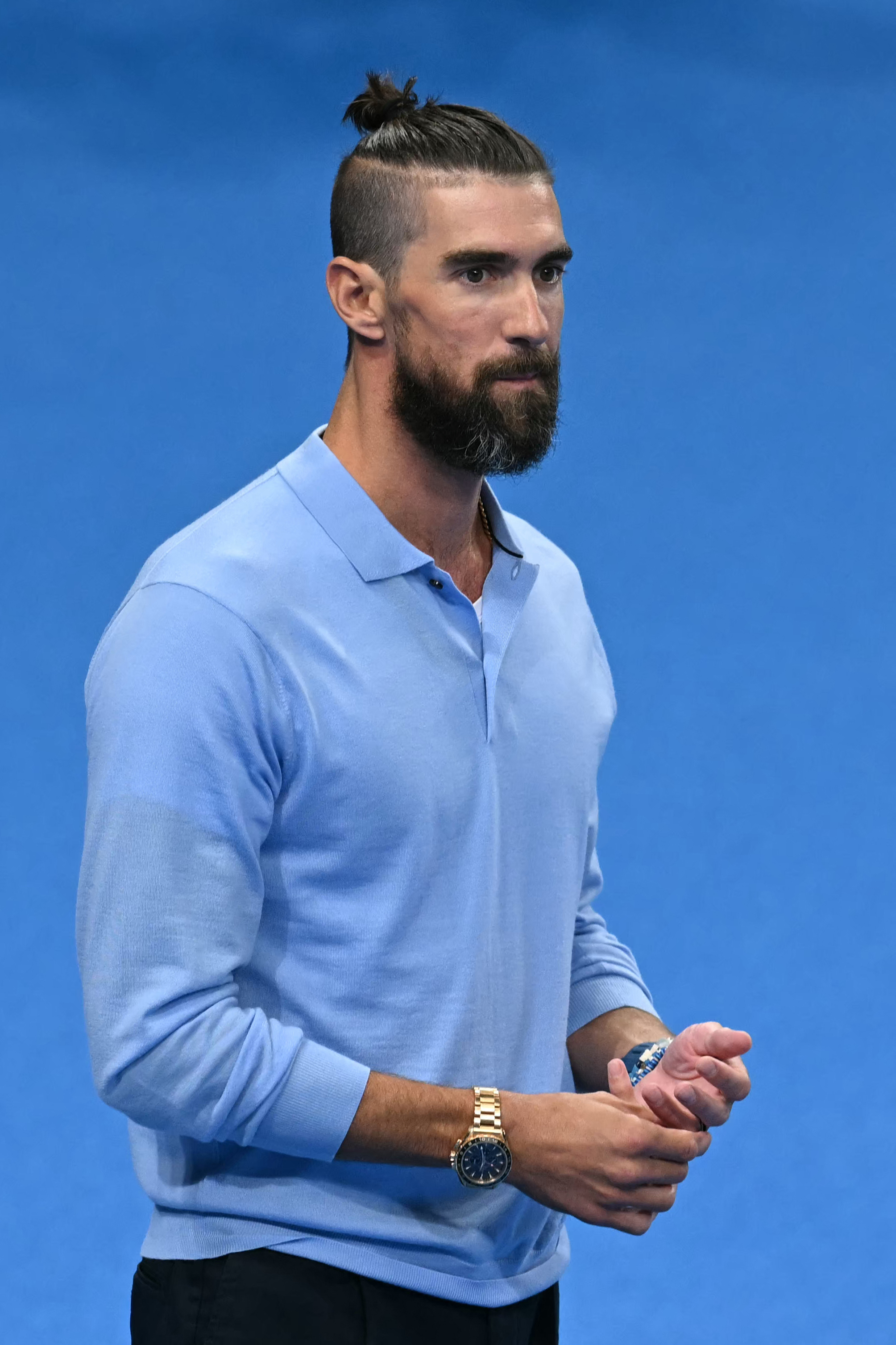 Michael Phelps attends the swimming event during the Paris 2024 Olympic Games at the Paris La Defense Arena in Nanterre, west of Paris, on July 28, 2024. | Source: Getty Images