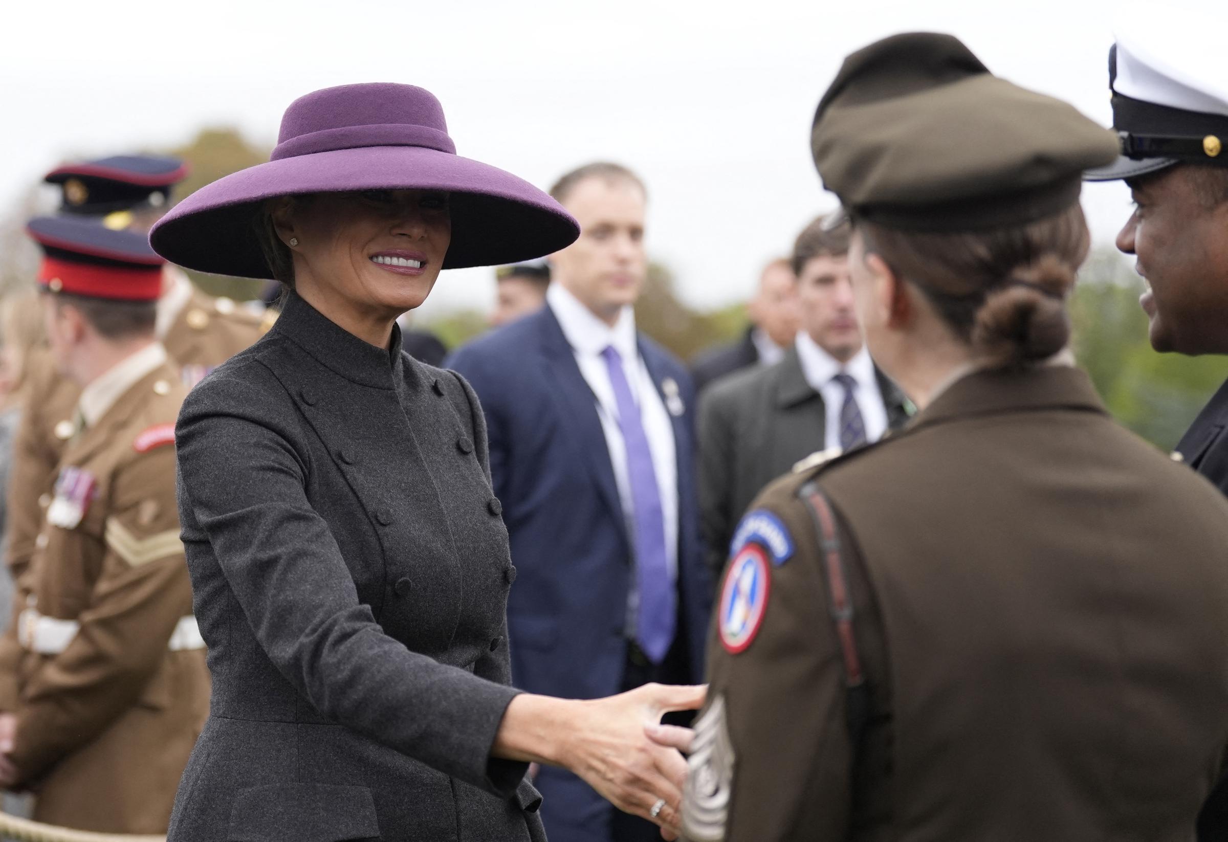 US First Lady Melania Trump meets members of the Armed forces after the Beating Retreat military ceremony, at Windsor Castle, in England on September 17, 2025 | Source: Getty Images