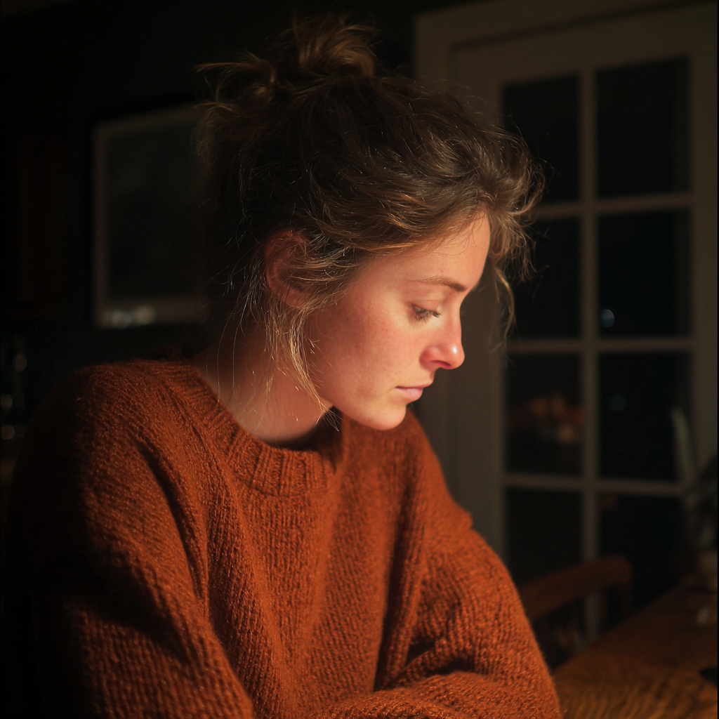 A woman sitting at a table | Source: Midjourney