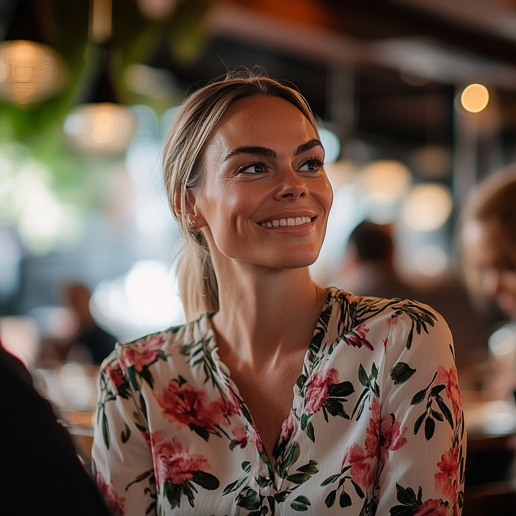 A woman smiles while looking at someone in a restaurant | Source: Midjourney