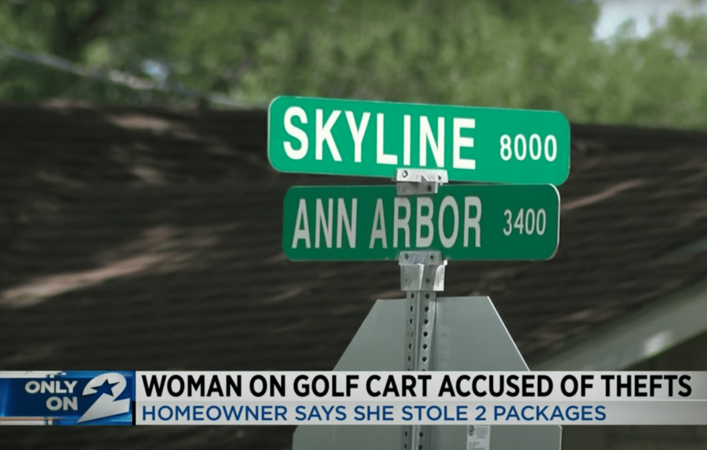 Street signs show the location where a woman allegedly stole two parcels from someone's front porch | Photo: Youtube/KPRC 2 Click2Houston