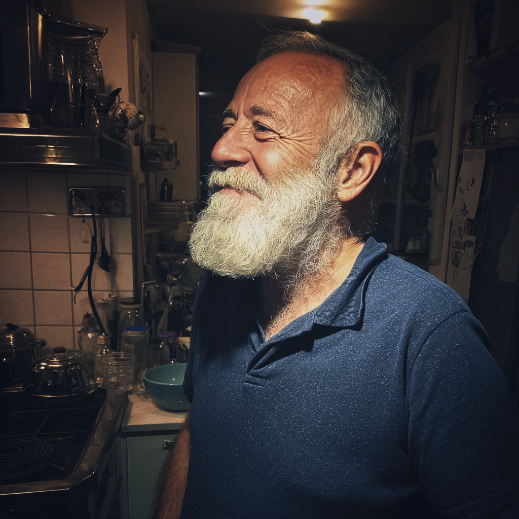 An amused older man standing in a kitchen | Source: Midjourney