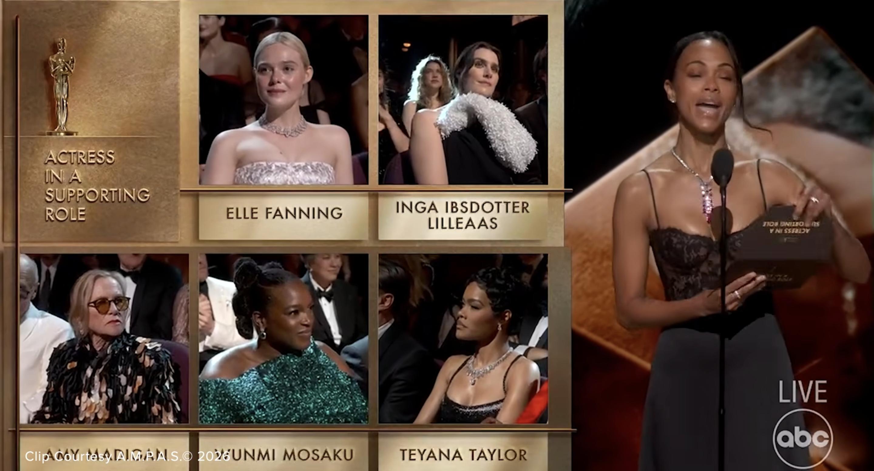 The Best Supporting Actress nominees appear on screen as Zoe Saldaña prepares to reveal the winner | Source: YouTube/ABCNews