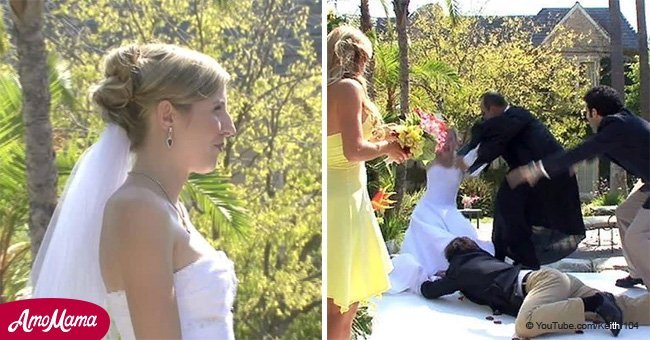 Bride and priest fall into water thanks to clumsy best man in this staged movie clip