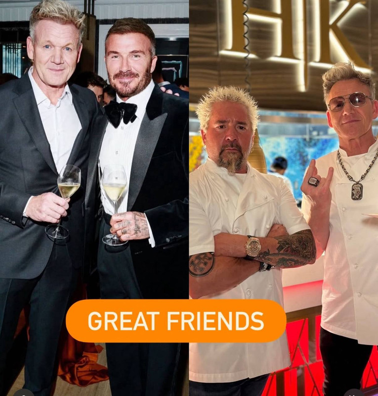 A split image followed, labelled "GREAT FRIENDS," highlighting two major figures in Gordon Ramsay's circle. On the left, he clinked glasses with David Beckham at a formal event, both suited and holding champagne flutes. On the right, he posed in the Hell's Kitchen restaurant with fellow chef Guy Fieri — arms crossed, sunglasses on, and matching chef whites — exuding camaraderie and cool chef energy. | Source: Instagram/gordongram