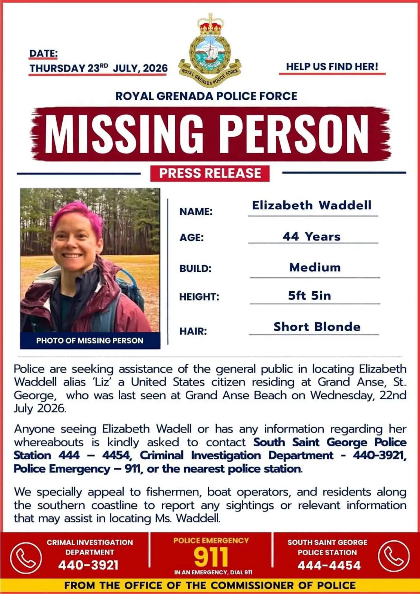The Missing Persons poster for Elizabeth Waddell, posted on July 30, 2026. | Source: Facebook/True Crime Kelly