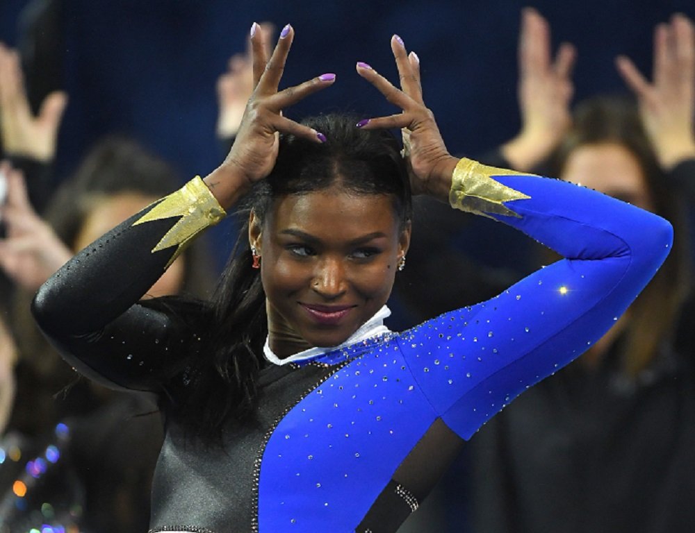 Nia Dennis performing the floor exercise during the UCLA Gymnastics Meet the Bruins intra squad event in Los Angeles, California in December 2019. | Image: Getty Images.