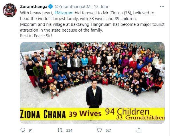 Der Ministerpräsident spricht sein Beileid der Familie des gestorbenes Vaters " der größten Familie der Welt" in einem Twitter-Beitrag. I Quelle: twitter.com/ZoramthangaCM