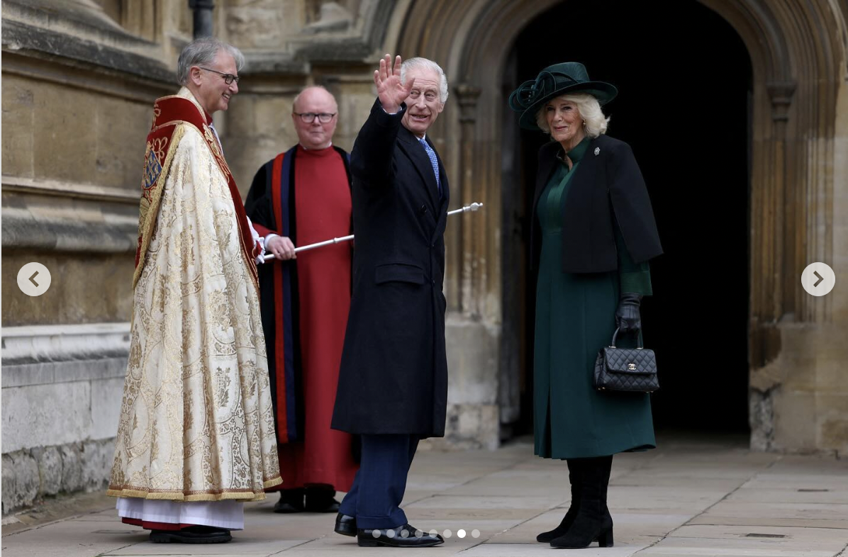 King Charles and Queen Camilla waving at the crowd outside St. George's Chapel as they attend the Easter Matins service on March 31, 2024 | Source: Instagram/theroyalfamily