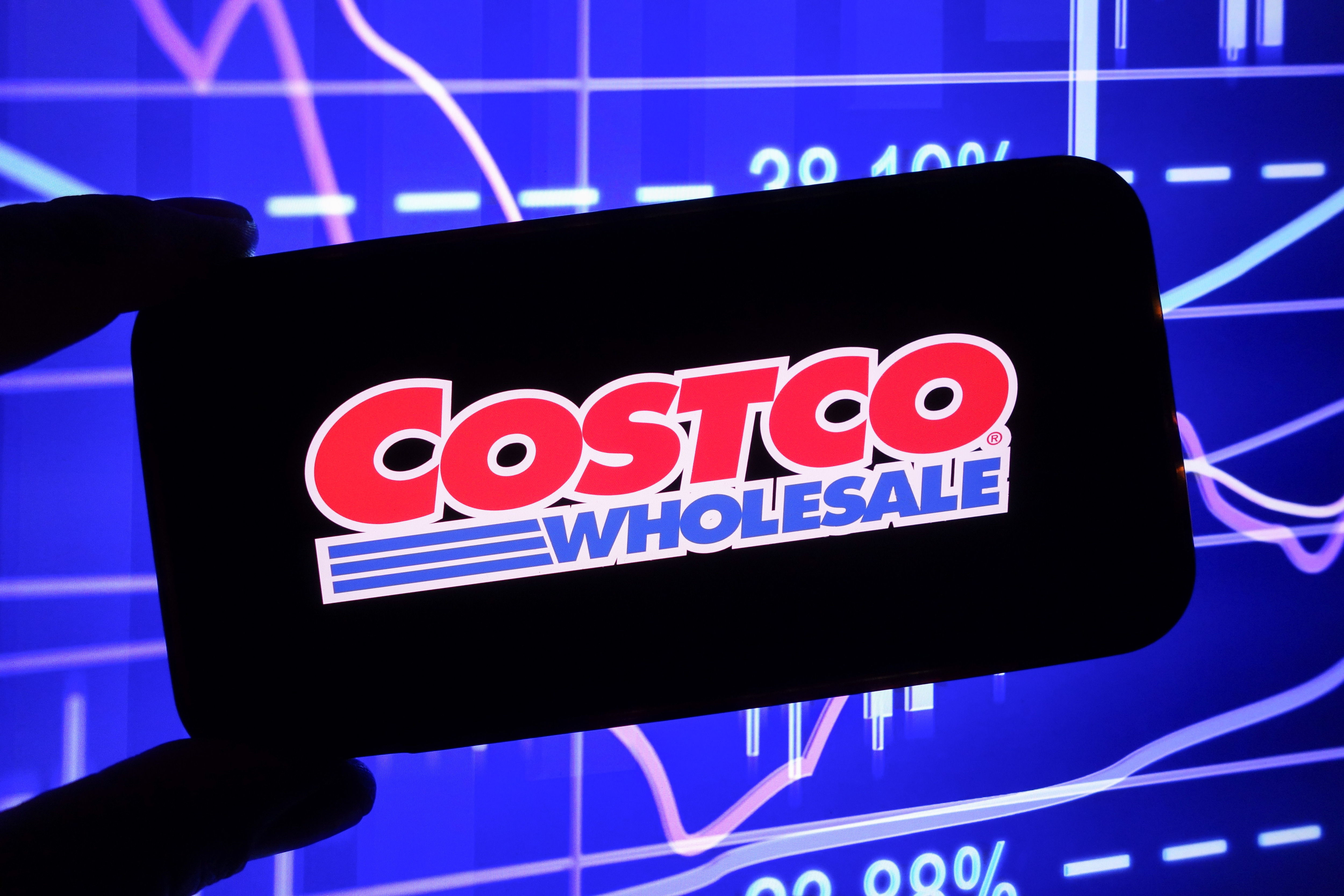 An image of a person holding a phone with the Costco Wholesale logo on it taken in Poland on November 17, 2024 | Source: Getty Images