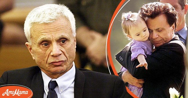 Image of former actor Robert Blake [left]. Robert Blake hugs his 11-month-old daughter, Rose Lenore Sophie Blake, at the funeral ceremony of her mother on May 25, 2001 in Los Angeles[right] | Photo: Getty Images