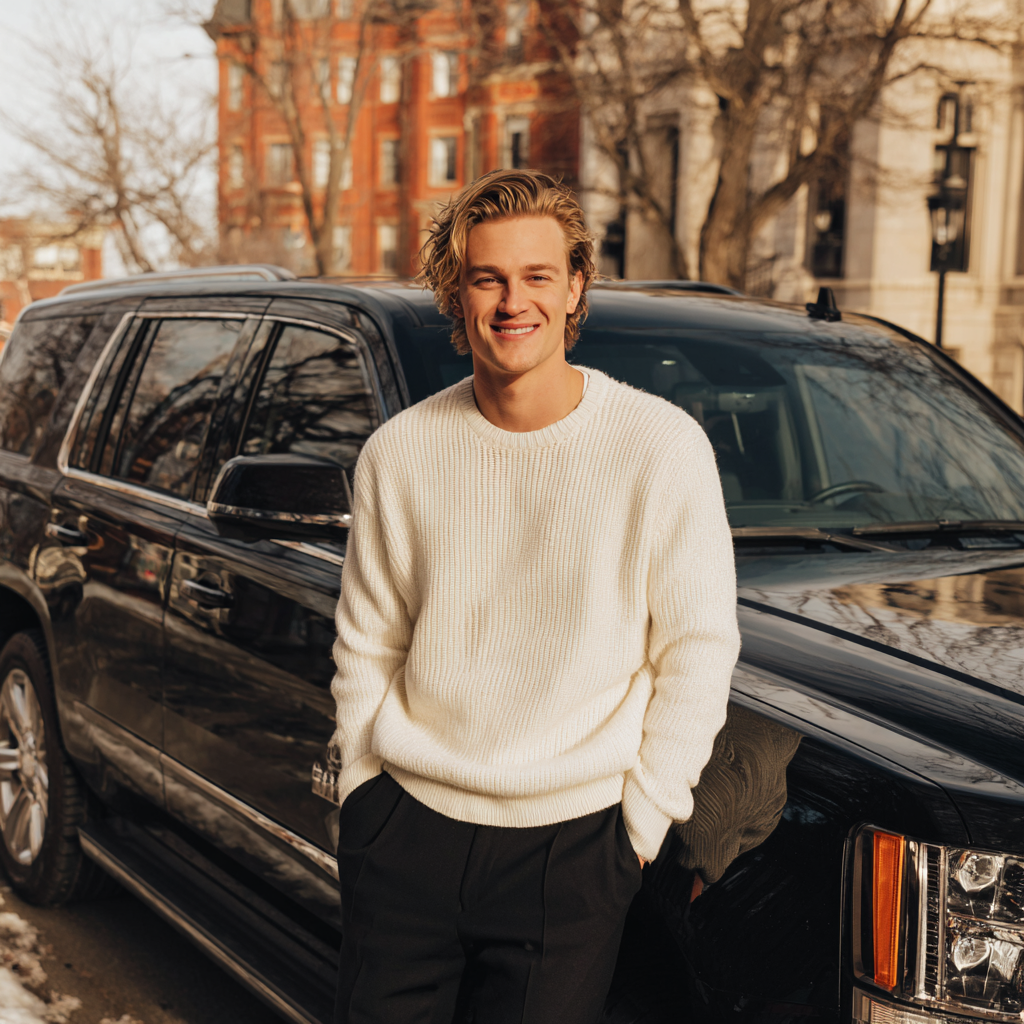 A smiling man standing in front of a car | Source: Midjourney