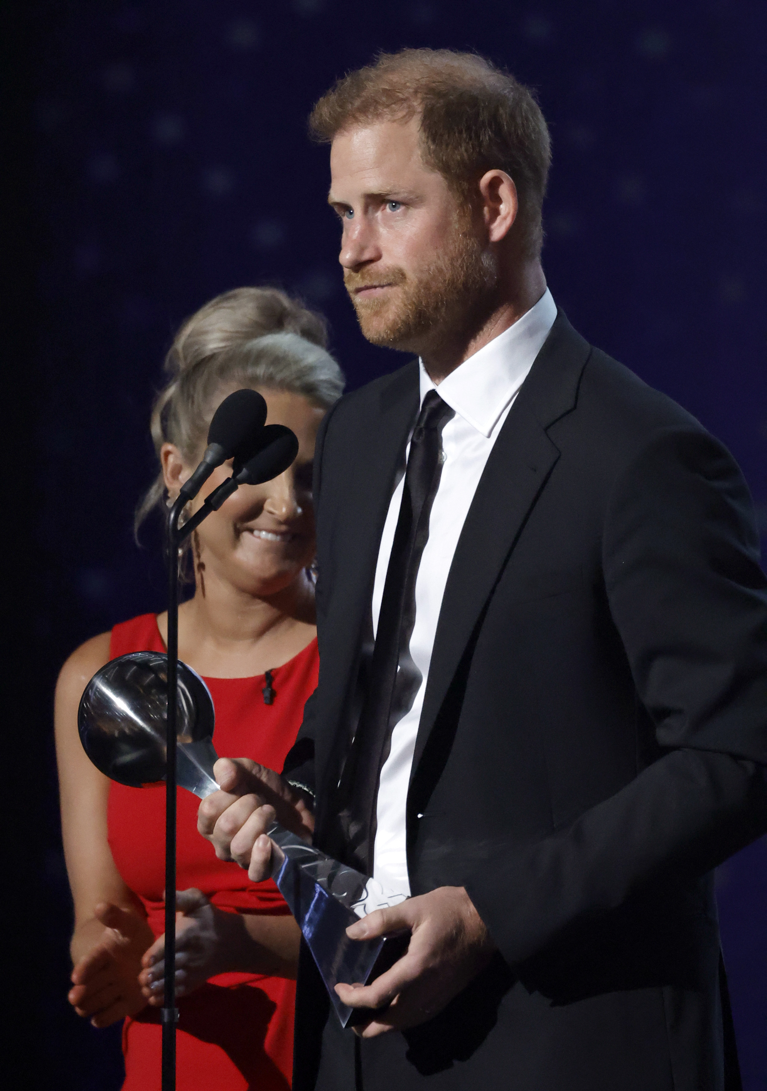 Prince Harry giving a speech at the ESPY Award stage after winning the Pat Tillman Award for Service on July 11, 2024, in Hollywood, California | Source: YouTube/ESPN