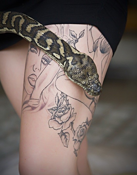 An arm with tattoos on and a snake. | Source: Pixabay/ angelic