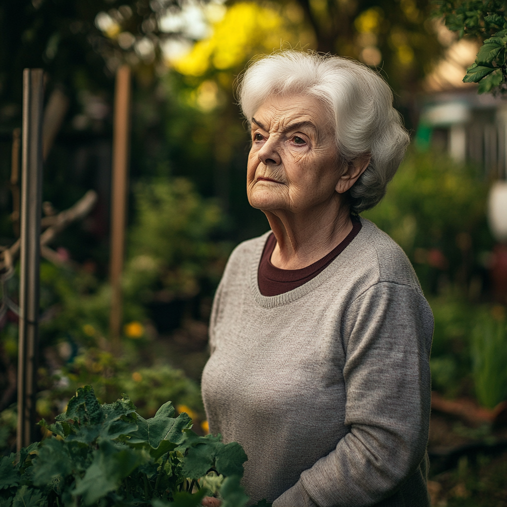 A thoughtful and curious elderly woman in her garden | Source: Midjourney