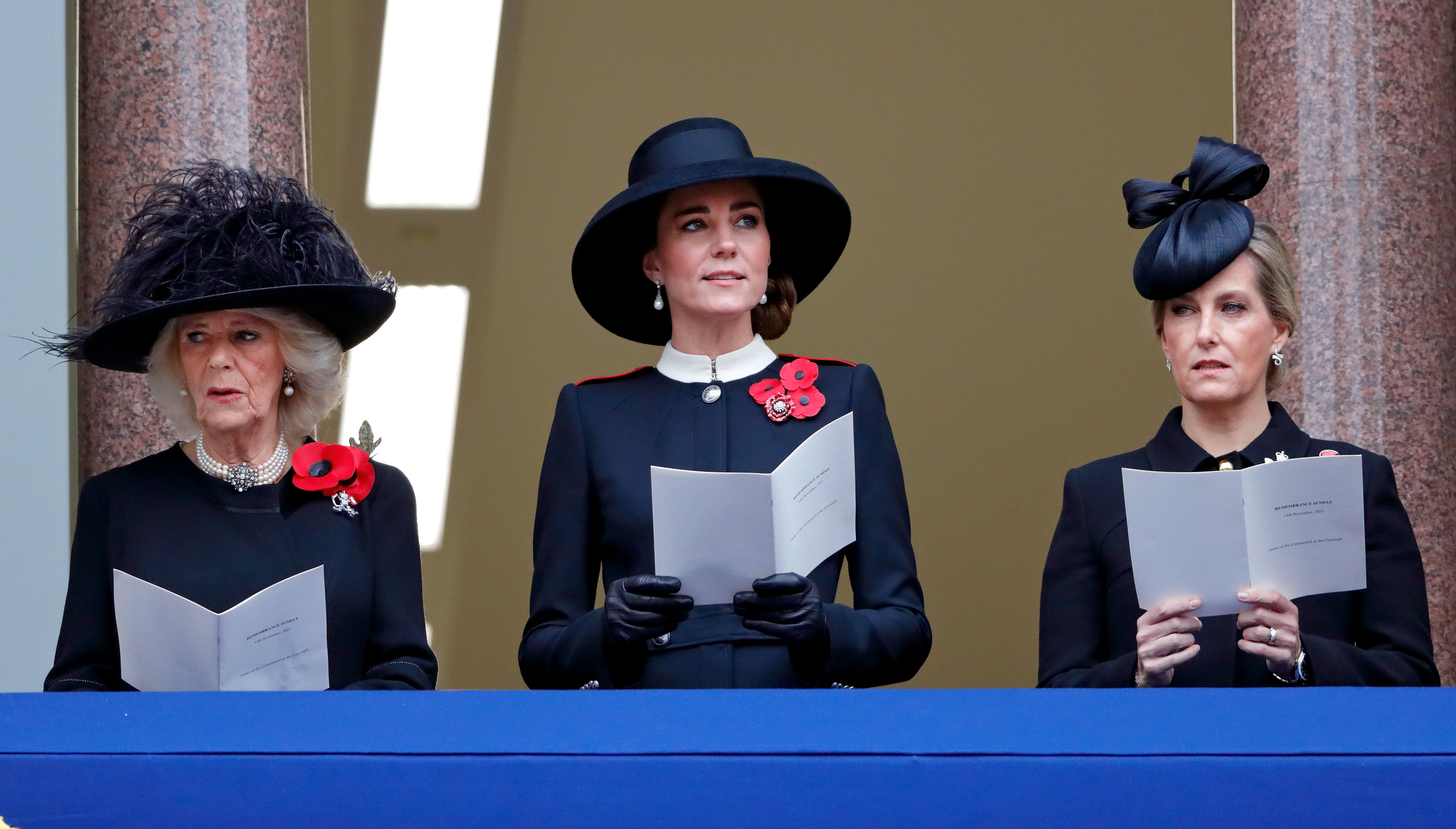 Camilla, Duchess of Cornwall Kate Middleton, and Sophie Countess of Wessex during the annual Remembrance Sunday service at The Cenotaph on November 14, 2021 in London, England. / Source: Getty Images