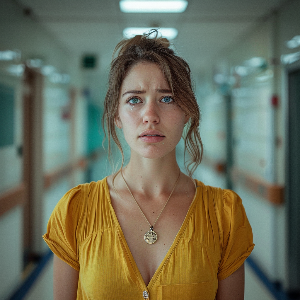 A woman crying while standing in a hospital corridor | Source: Midjourney