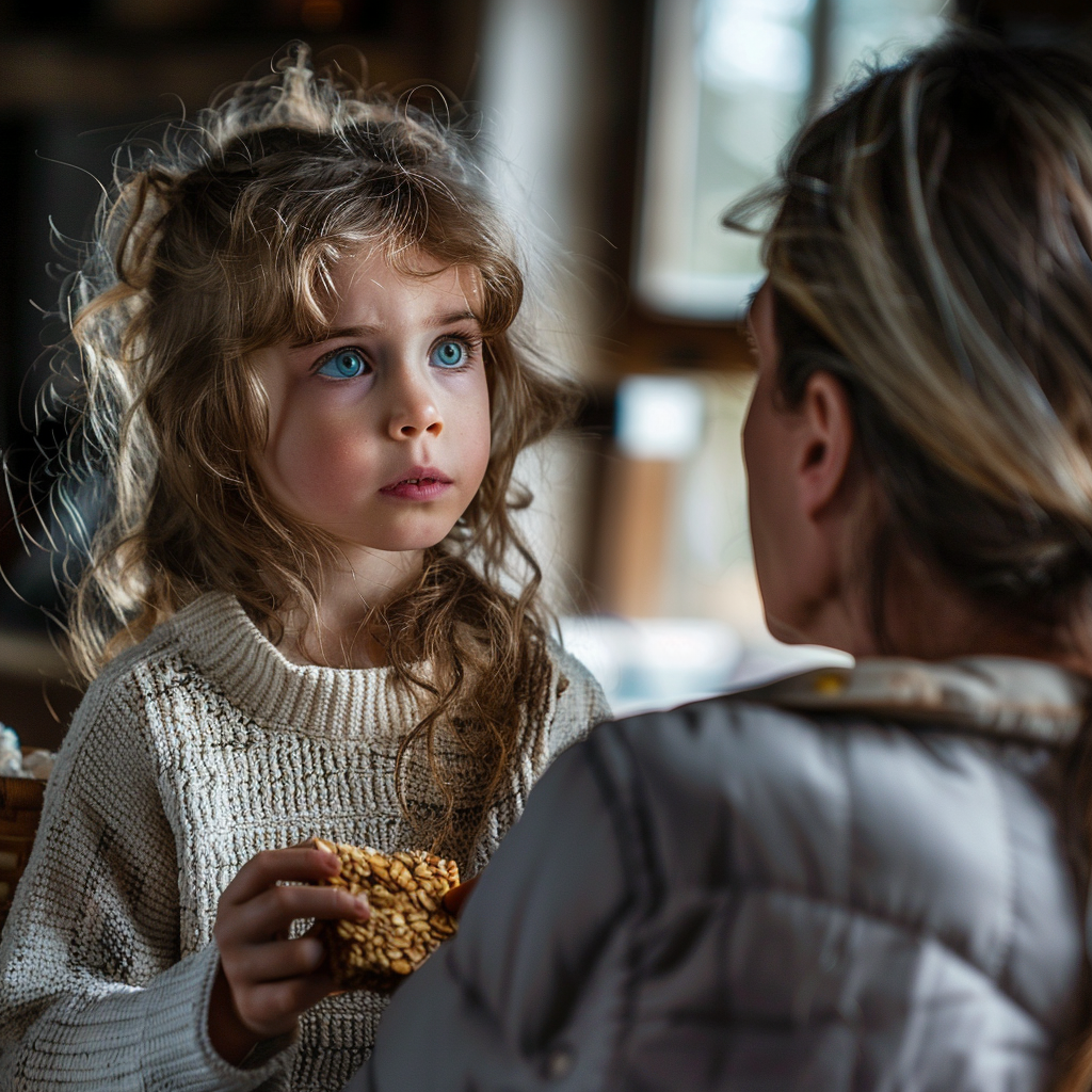 A senior woman taking away a muesli bar from a little girl | Source: Midjourney