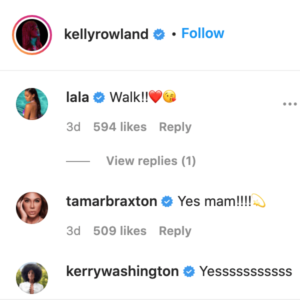 La La Anthony, Tamar Braxton, and Kerry Washington comment on Kelly Rowland's video. | Source: Instagram/kellyrowland