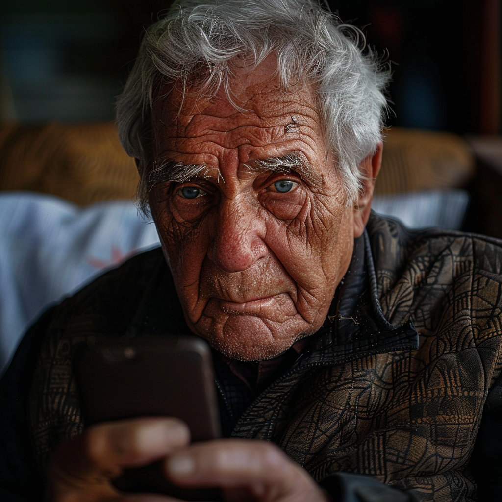 A very sad grandfather staring at the mobile phone in his hands | Source: Midjourney