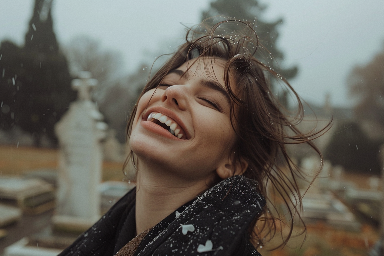 A woman laughing in a graveyard | Source: Midjourney