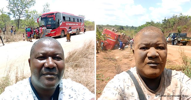 Man's before & after crash selfie goes viral after bus overturns on a road