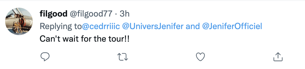 Capture du commentaire d'un fan sur une publication Twitter de Jenifer | source : @filgood77- Twitter