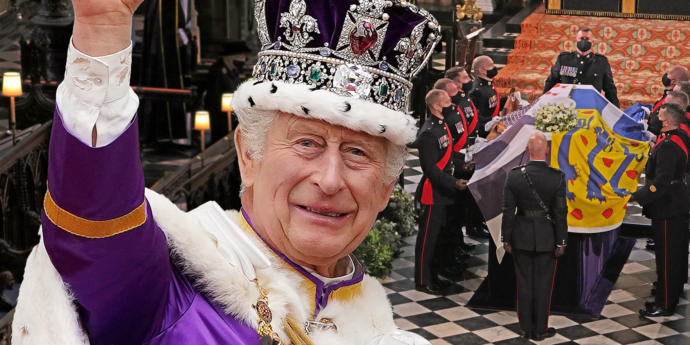King Charles III on May 6, 2023 | Prince Phillips funeral on April 17, 2021 | Source: Getty Images