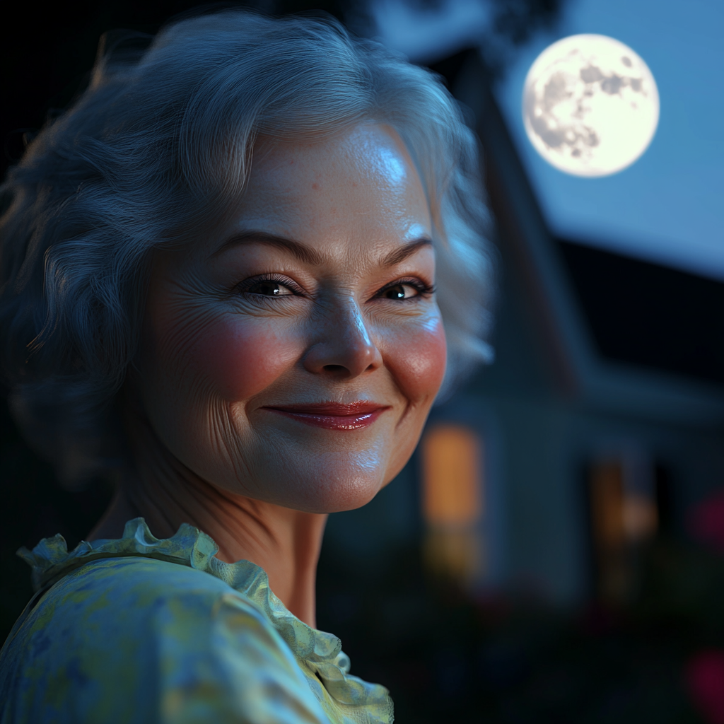 A smiling older lady standing outside her house at night | Source: Midjourney