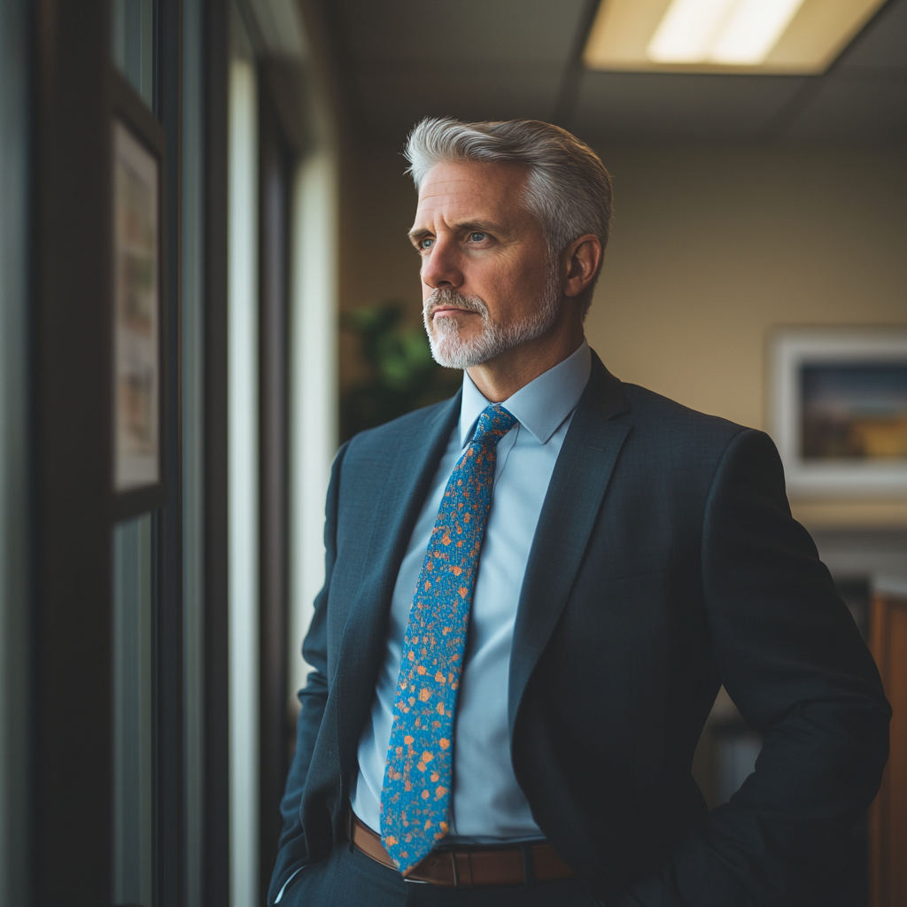 A middle-aged businessman standing in his office | Source: Midjourney