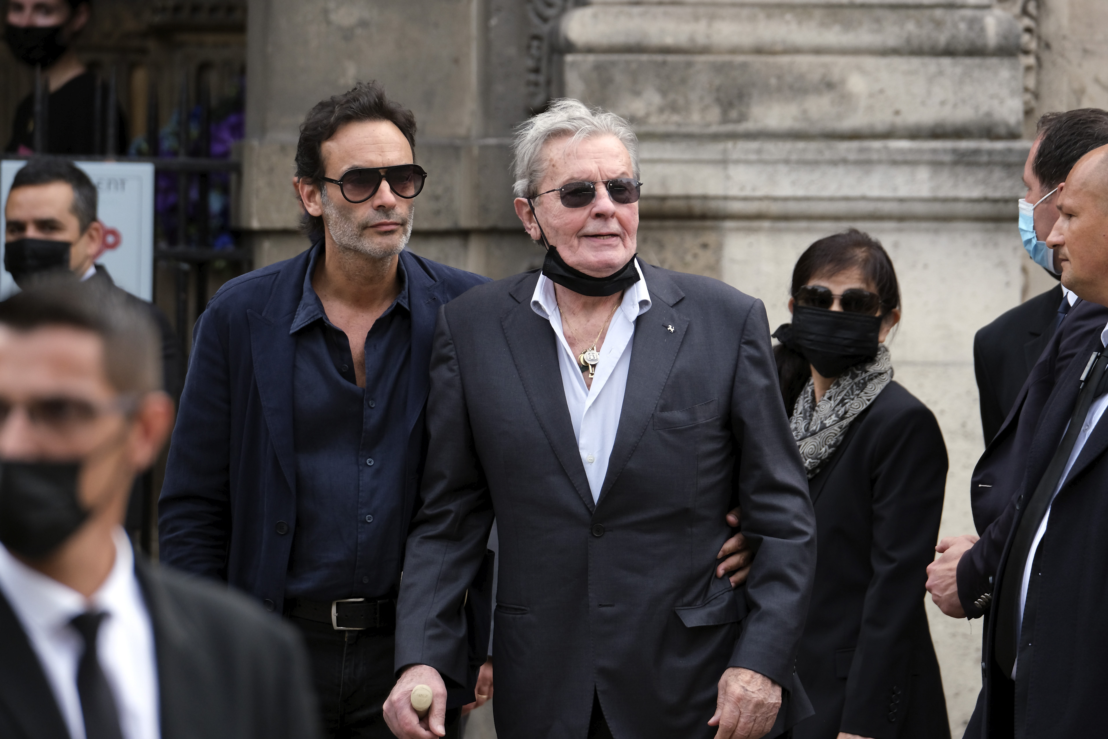 Anthony and Alain Delon at Jean-Paul Belmondo's funeral on September 10, 2021, in Paris, France. | Source: Getty Images