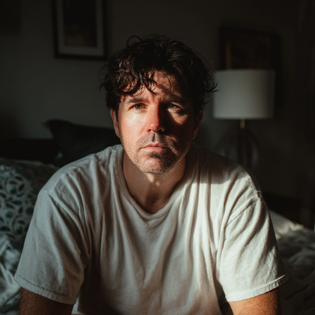 A concerned man sitting on a bed | Source: Midjourney