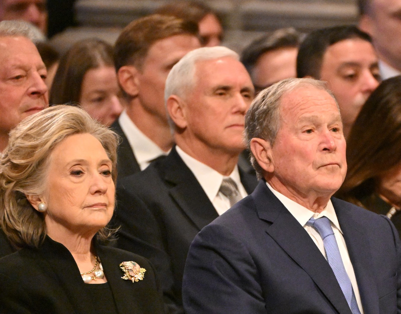 Former Vice President Al Gore, former Secretary of State Hillary Clinton, former Vice President Mike Pence, and former President George W. Bush at the State Funeral Service for former U.S. President Jimmy Carter on January 9, 2025 | Source: Getty Images