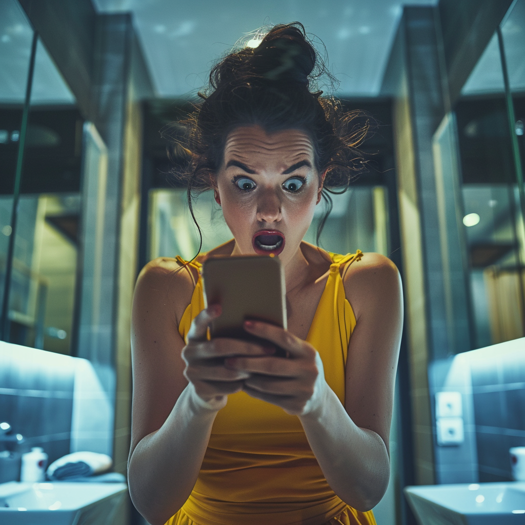 A shocked woman staring at her phone screen | Source: Midjourney